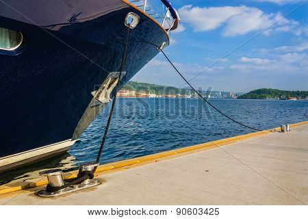 Dark blue yacht moored in Oslo fjord, Norway