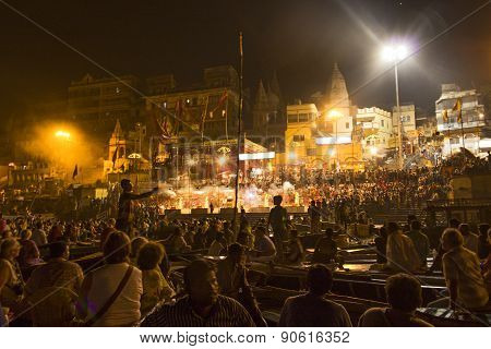 Colorful Main Ghat In Varanasi By Night