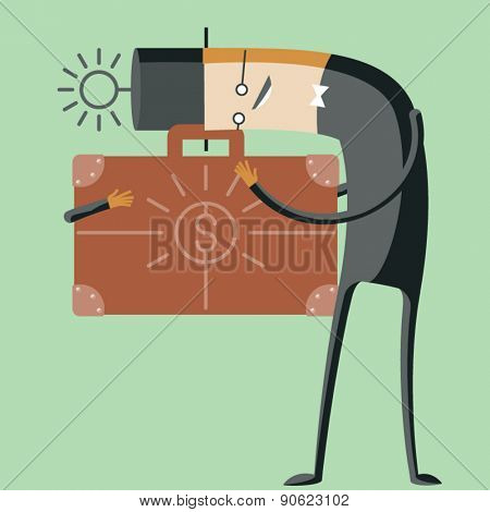 Vector illustration of abstract funny characters. Greedy businessman hold about briefcase with money