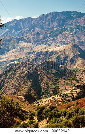 Ruins of medieval Amendolea castle in Calabria on torrid hills with olive trees