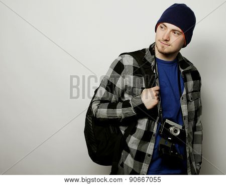 technology, people and life style concept: young  photographer over white background