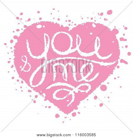 Hand Drawn Card With Pink Painted Heart For Wedding, Valentine's Day. 