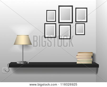 A bookshelf of book between bookends with table lamp. Space for your text.
