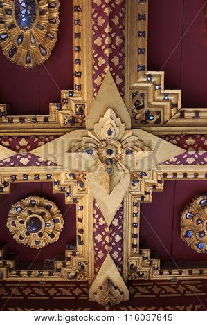 Traditional Thai style Stucco & Naga, Wood Carving Tympanum of Thai Roof Temple
