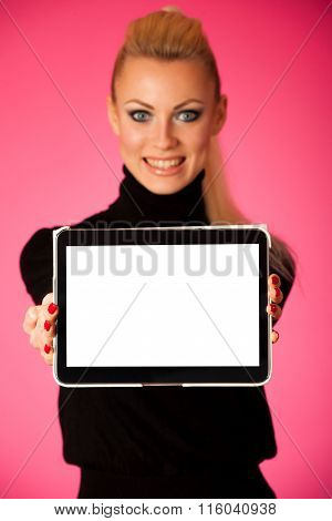Woman Holding Tablet Computer With Blanck Screen For Commercial, Promotion, Advertising Message.