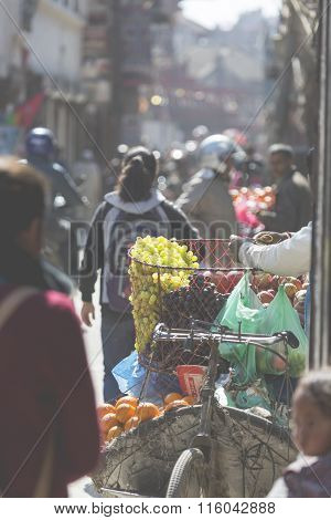 Kathmandu, Nepal - February 10, 2015: The Streets Of Kathmandu, Nepal, Near Dubar Square. Masses Of