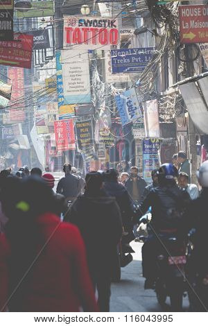 Kathmandu, Nepal - February 10, 2015: The Streets Of Kathmandu, Nepal, Near Dubar Square. Masses Of