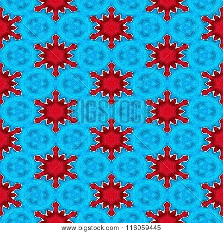Abstract Red Stars Or Snowflakes On The Frozen Blue Background For Christmas Or Winter Decor Made Se