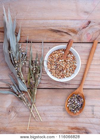 Healthy Food, Organic Whole Grains Millet Rice In The Bowl ,white Millet And Millet Cob Against Rust