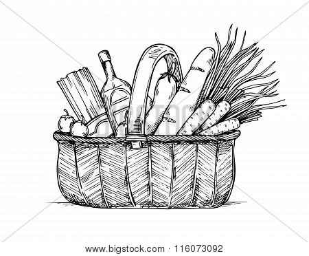 Hand Drawn Vector Illustration - Supermarket Shopping Basket With Healthy Food. Grocery Store.