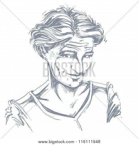 Vector Portrait Of Attractive Blameworthy Woman, Illustration Of Good-looking Naive Girl. Person