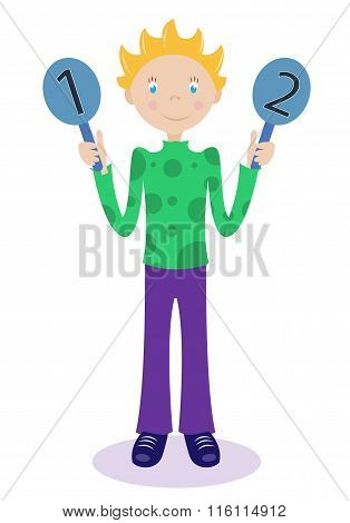 Little boy holding educational signs with numbers