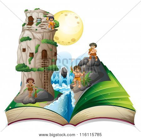 Magic book of cave people by the waterfall illustration