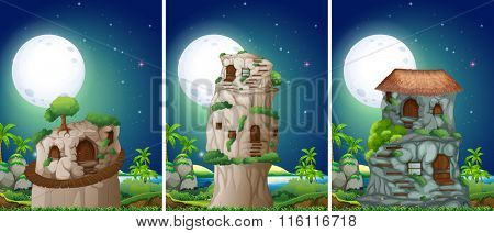 Three scenes of stonehouse at night illustration