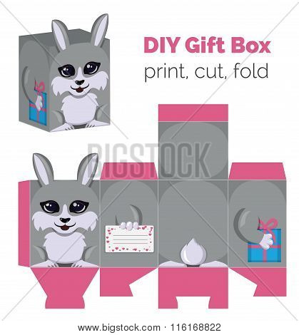 Adorable Do It Yourself DIY rabbit gift box with ears for sweets, candies, small presents. Printable