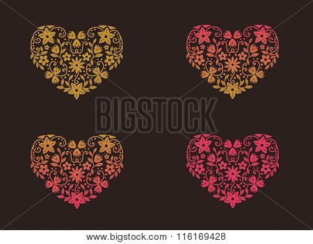 Vector illustration of a golden pink heart with floral ornament, leaves, flowers, swirls for valenti