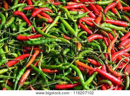 Red And Green Chillies Background,selective Focus