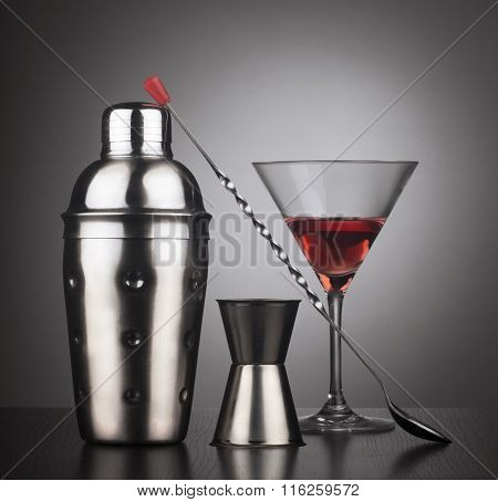 Drinks Shaker With Cocktail Tools And Glass