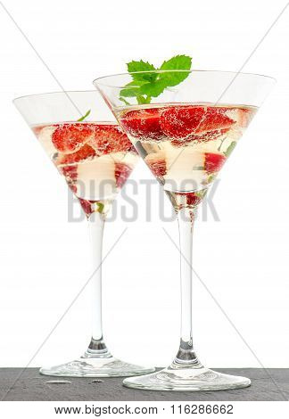 Strawberry Cocktail With Berries In Martini Glass
