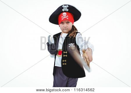 Masked girl wielding sword pretending to be pirate on white screen