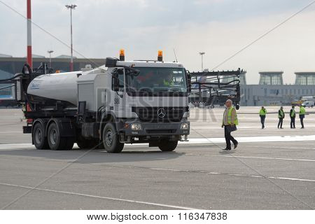ST. PETERSBURG, RUSSIA - SEPTEMBER 24, 2015: Schmidt airport sprayer during the annual review of equipment in the Pulkovo airport. The review is held in order to prepare to winter