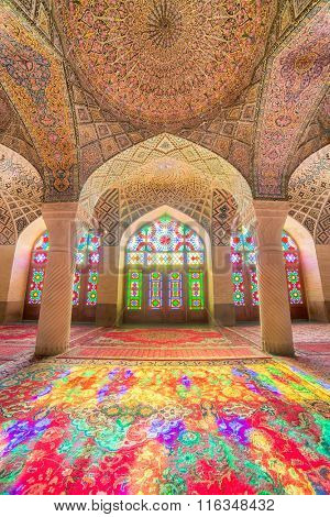 Shiraz, Iran - December 27, 2015: Nasir Al-Mulk Mosque in Shiraz, Iran, also known as Pink Mosque