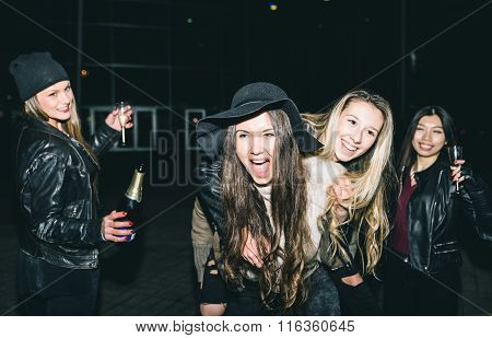 Four Girls Making Party Outdoor In The Night
