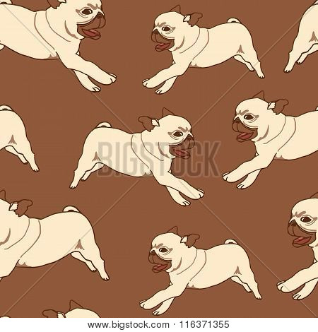 Seamless pattern with hand drawn pug puppies