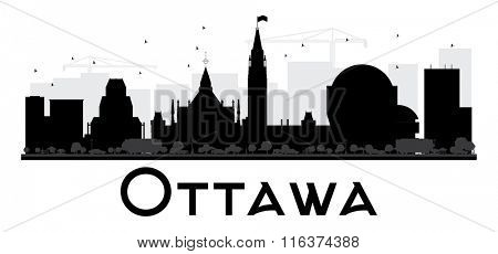 Ottawa City skyline black and white silhouette. Vector illustration. Simple flat concept for tourism presentation, banner, placard or web. Business travel concept. Cityscape with landmarks