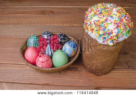 Easter with eggs on a wooden board