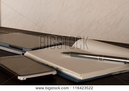 Business Workplace, Tablet, Smartphone On Wooden