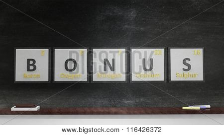 Periodic table of elements symbols used to form word Bonus, on blackboard