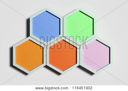 Five Colorful Three-dimensional Hexagons