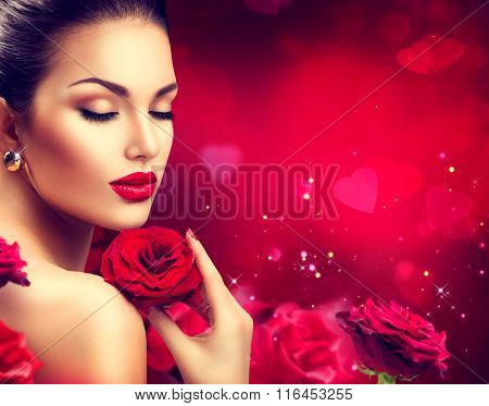 Beauty woman with Red Rose. Valentine. Red Lips and Nails. Beautiful Luxury Makeup and Manicure. Valentine's Day border design. Portrait of fashion model girl over blurred red background