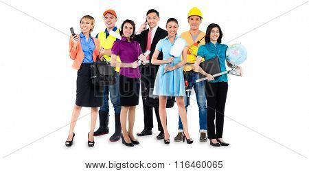 Group of Asian men and women with various professions - construction worker, teacher, businessman, handyman, and call center agent