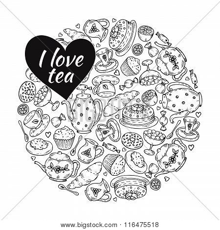Tea Sketch Doodle Hand Drawn Elements In Circle Form.