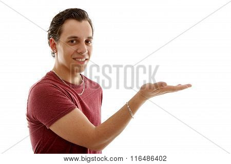 Young Man Is Showing With Empty Hand