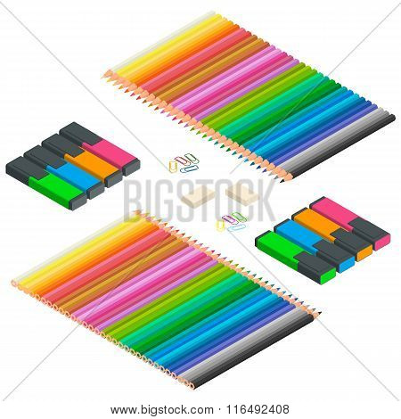 Color pencils, Multicolored highlighters, highlighters, colorful paperclips isolated on white backgr