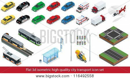 Isometric high quality city transport icon set Subway train, Police, taxi truck car Mini, sedan heli
