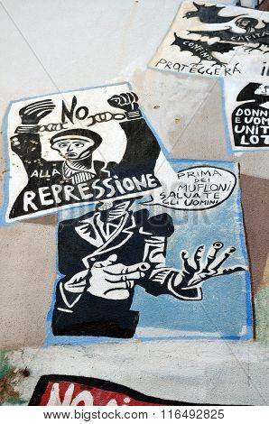 Orgosolo Italy 4 October 2015 Murales In Orgosolo Italy Since About 1969 The Wall Paintings Reflect