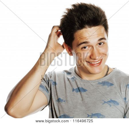 young attractive man isolated thinking emotional on white close up gesturing smiling