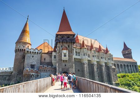 Hunedoara, Romania, 11 July, 2015: People Visiting Corvin Castle In Hunedoara, Romania