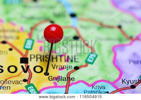 Gnjilane pinned on a map of Kosovo