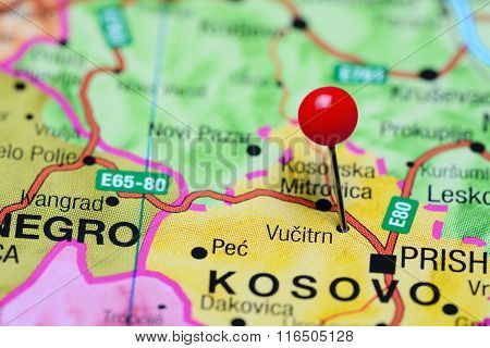Vucitrn pinned on a map of Kosovo
