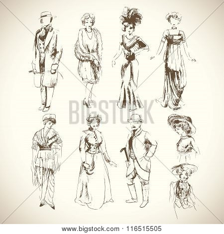 Pencil sketch set of vintage fashion clothes of 1920-1930 years