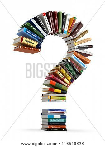 Question mark from books. Searching information or FAQ edication concept 3d