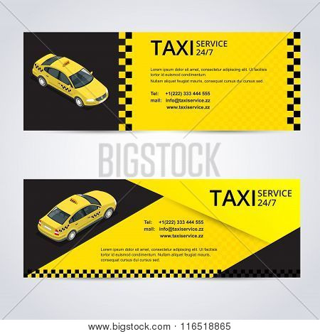 Black and yellow taxi card with taxi car image - Vector illustration