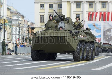BTR-82A at the rehearsal of the parade in honor of Victory Day on Palace Square. St. Petersburg
