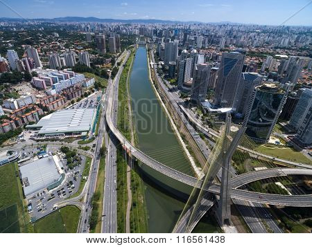 Aerial View of Estaiada Bridge and Skyscrapers in Sao Paulo, Brazil