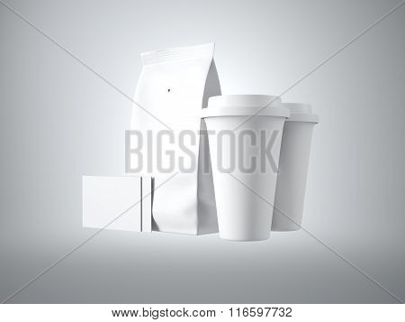Set of paper package, take away cups and two blank business cards. Studio shooting. 3d render